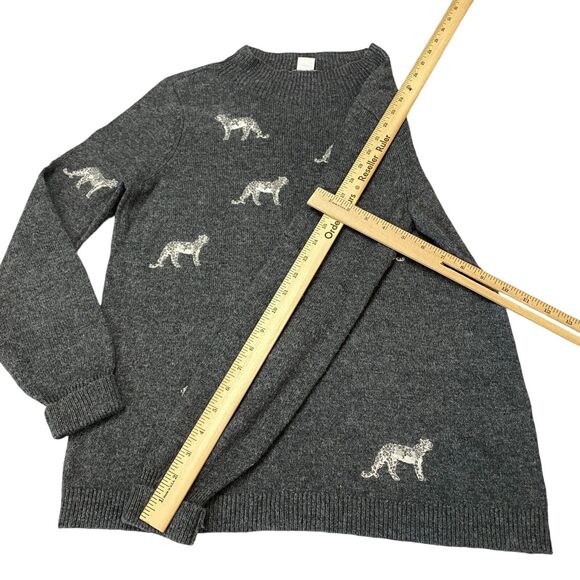 Chico's Sweater Women's S Gray Embroidered Cheetah Ribbed Sleeve & Hem Crew Neck - Picture 4 of 11